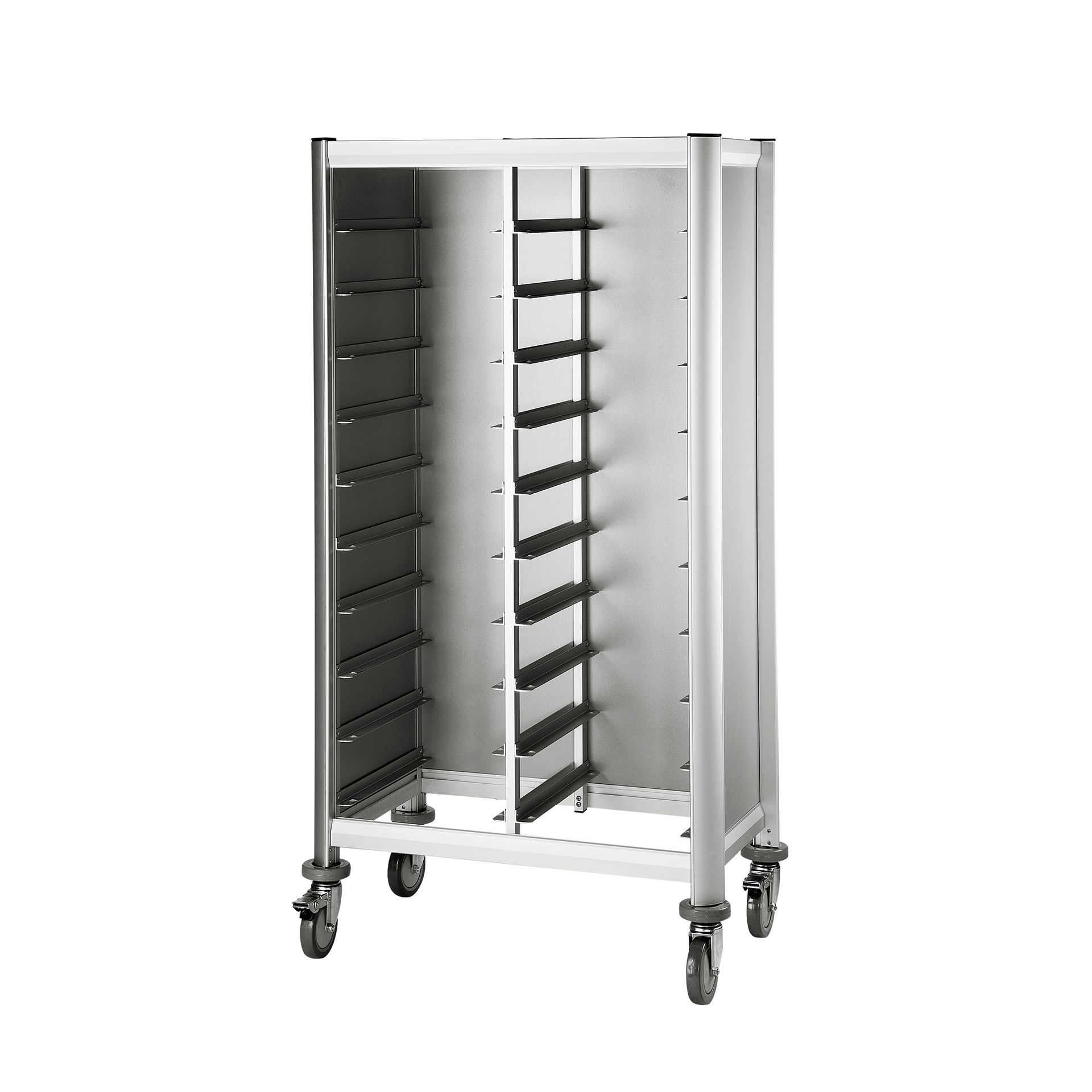 Tablettwagen für 2 x 10 Tabletts GN 1/1, silberfarben, Alu-Profile/MDF Tablettwagen für 2 x 10 Tabletts GN 1/1, silberfarben, Alu-Profile/MDF