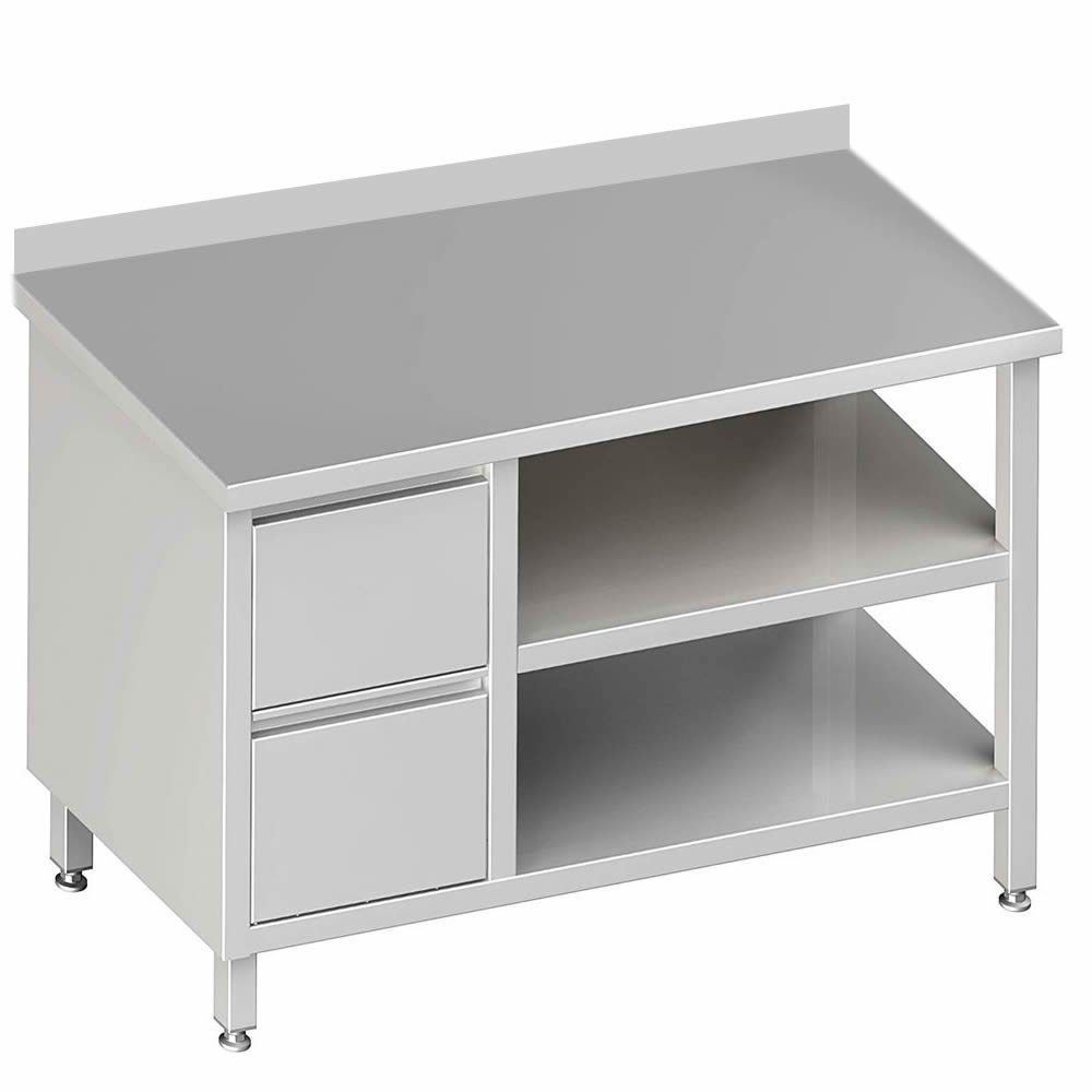 Arbeitstisch mit 2 Böden, 280x70x85cm, 2 Schubladen links, mit Aufkantung Arbeitstisch mit 2 Böden, 280x70x85cm, 2 Schubladen links, mit Aufkantung