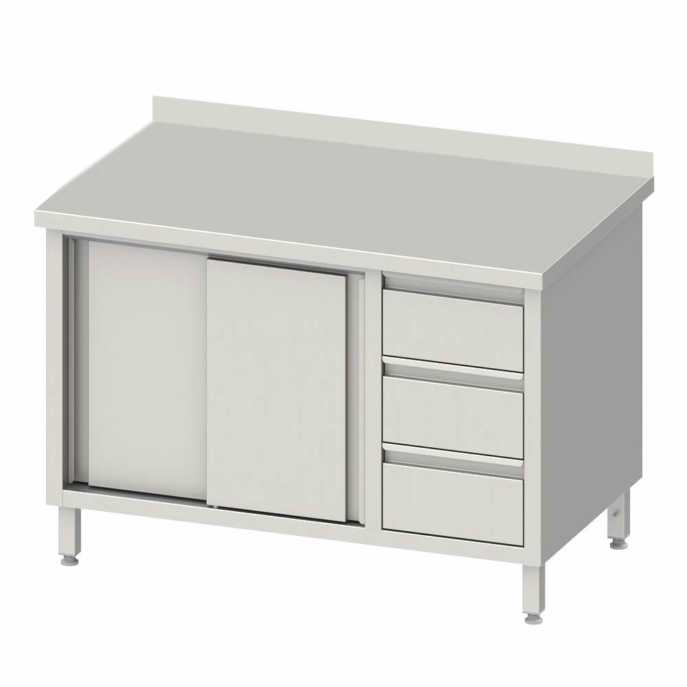 Arbeitsschrank mit 2 Schiebetüren, 200x70x85cm, 3 Schubladen rechts, mit Aufkantung Arbeitsschrank mit 2 Schiebetüren, 200x70x85cm, 3 Schubladen rechts, mit Aufkantung