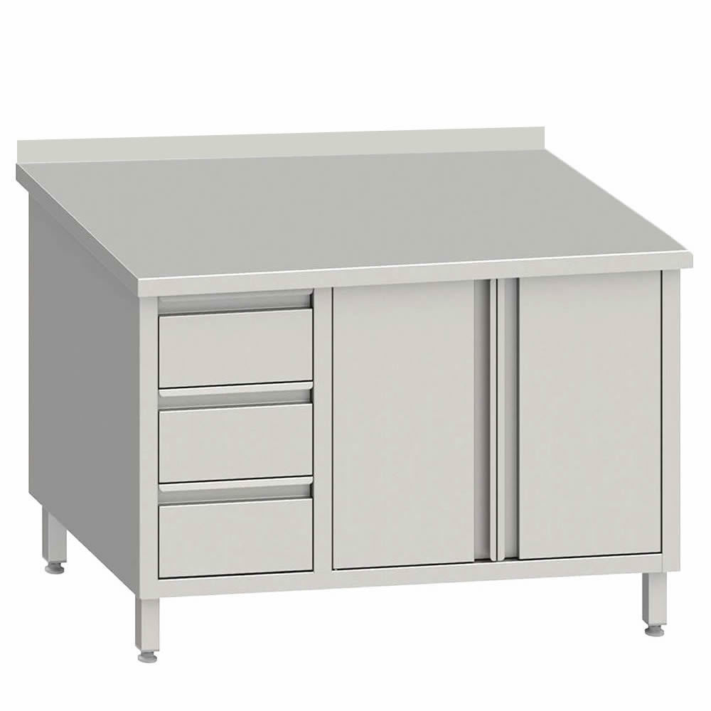 Arbeitsschrank mit 2 Flügeltüren 200x70x85cm, 3 Schubladen links, mit Aufkantung Arbeitsschrank mit 2 Flügeltüren 200x70x85cm, 3 Schubladen links, mit Aufkantung