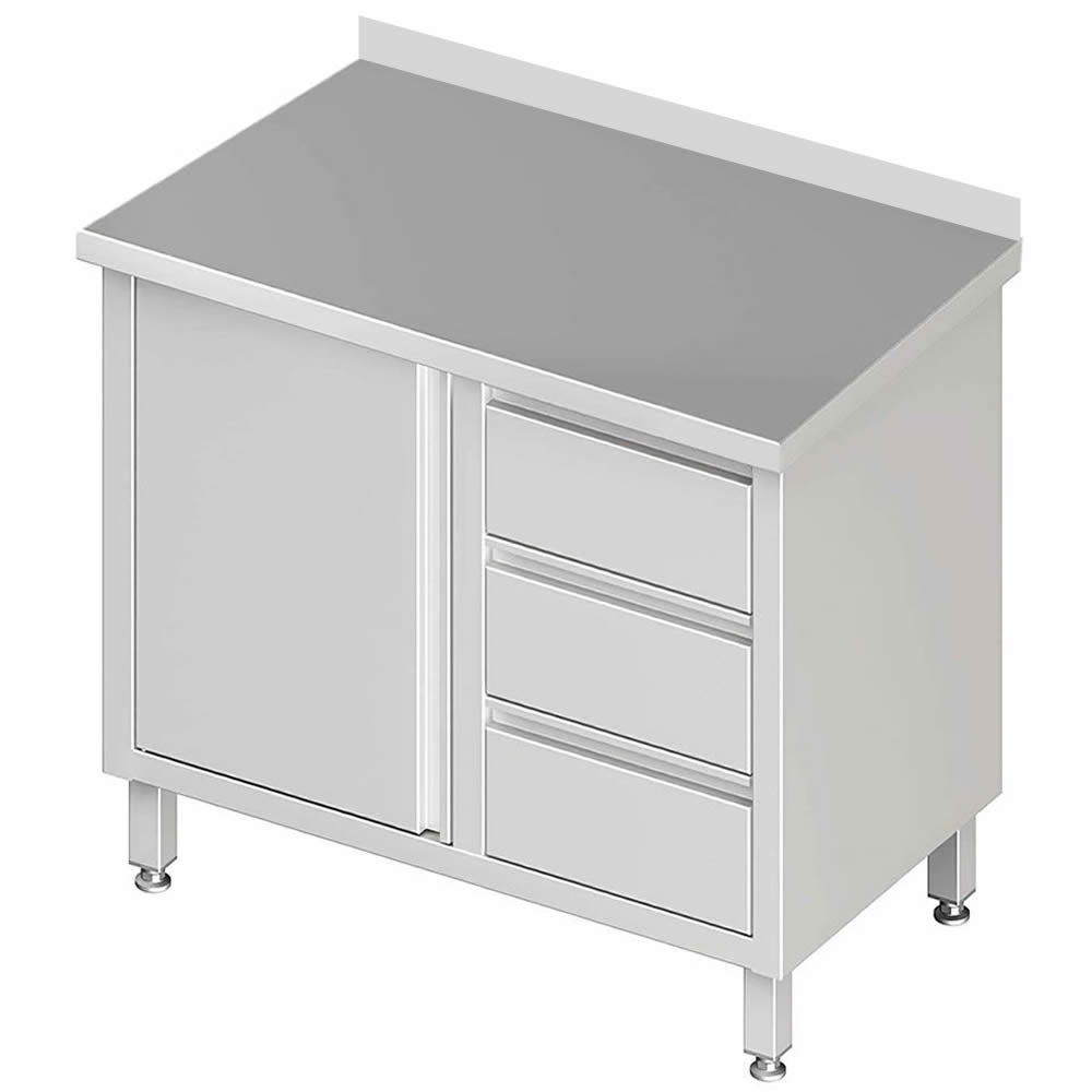 Arbeitsschrank mit 1 Flügeltür 80x60x85cm, 3 Schubladen rechts, mit Aufkantung Arbeitsschrank mit 1 Flügeltür 80x60x85cm, 3 Schubladen rechts, mit Aufkantung