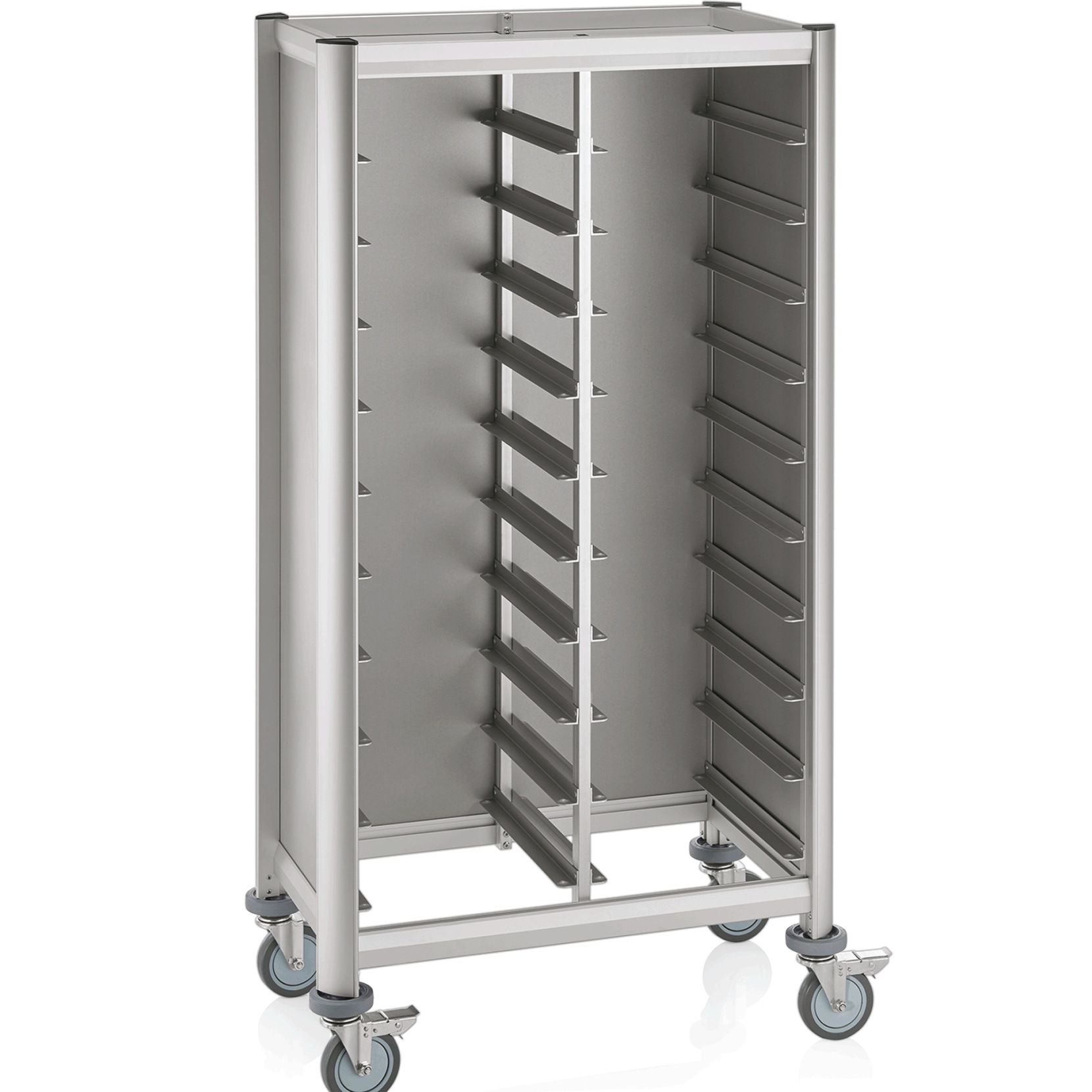 Tablettwagen für 2 x 10 Tabletts 45x35cm, silberfarben, Alu-Profile/MDF Tablettwagen für 2 x 10 Tabletts 45x35cm, silberfarben, Alu-Profile/MDF