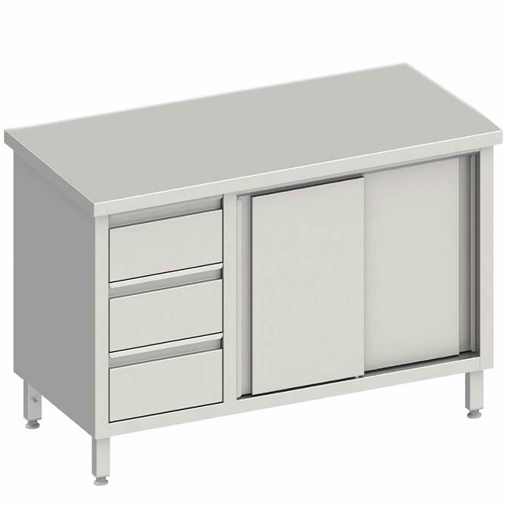 Arbeitsschrank mit 2 Schiebetüren, 200x60x85cm, 3 Schubladen links Arbeitsschrank mit 2 Schiebetüren, 200x60x85cm, 3 Schubladen links