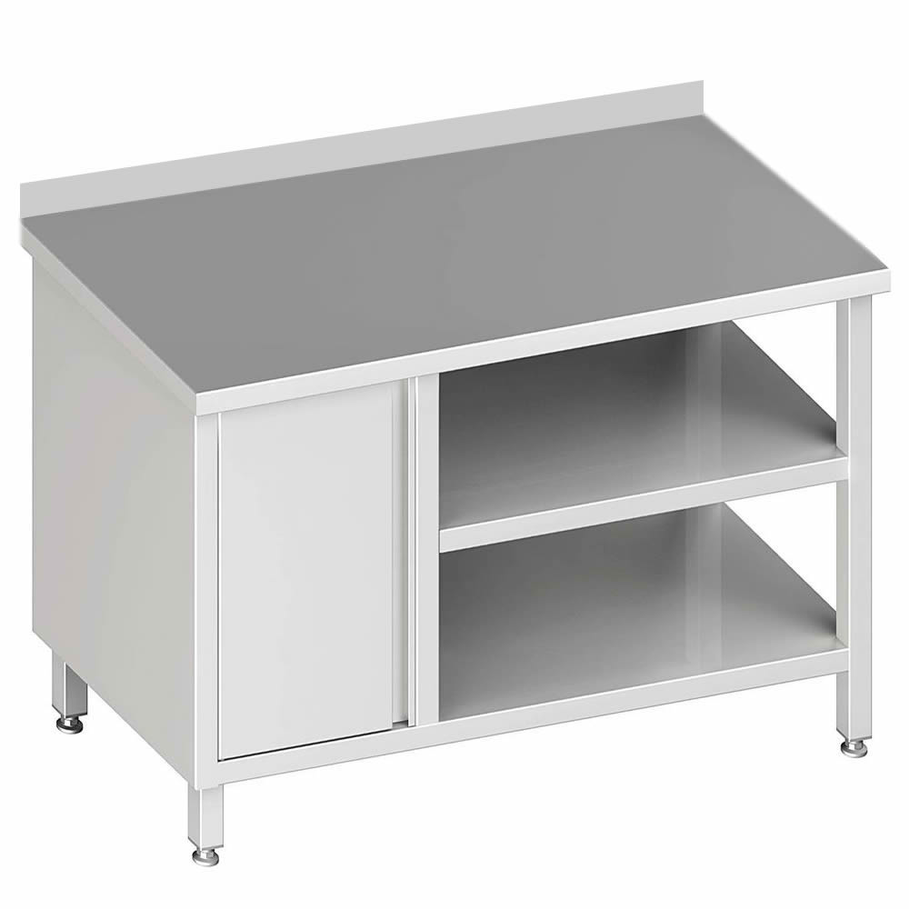 Arbeitstisch mit 2 Böden, 80x70x85cm, mit Flügeltürschrank links, mit Aufkantung