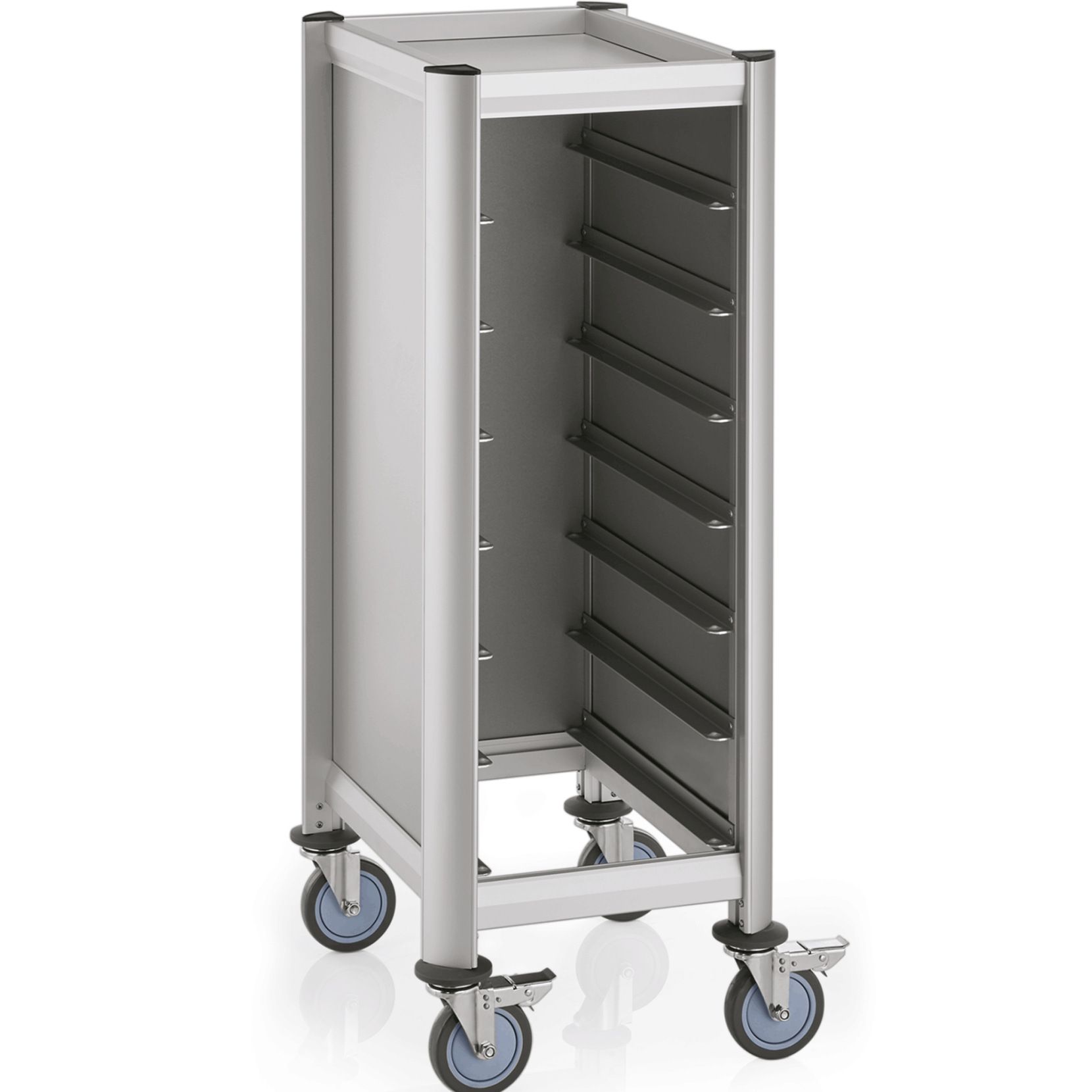 Tablettwagen für 7 Tabletts GN 1/1, silberfarben, Alu-Profile/MDF Tablettwagen für 7 Tabletts GN 1/1, silberfarben, Alu-Profile/MDF