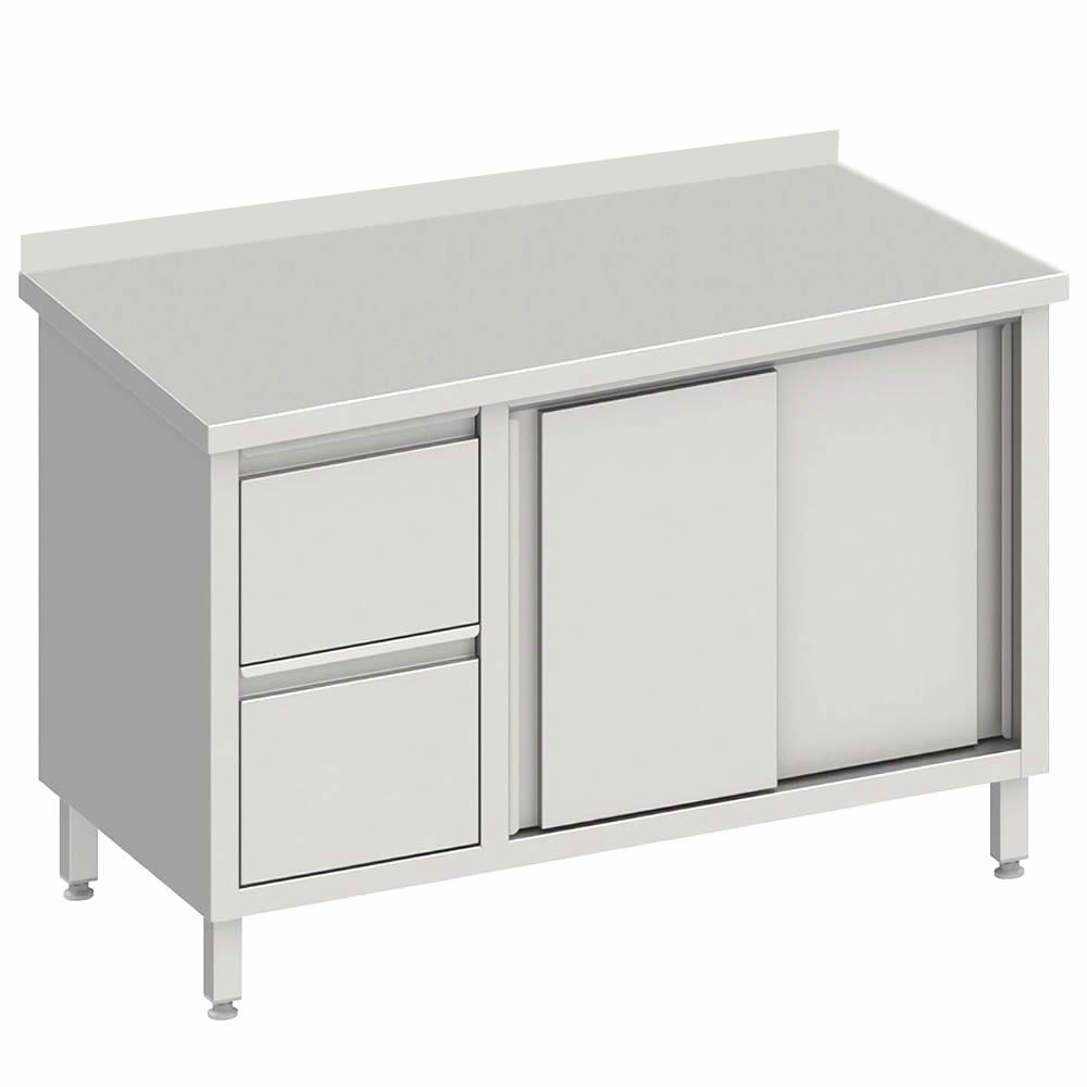 Arbeitsschrank mit 2 Schiebetüren, 200x60x85cm, 2 Schubladen links, mit Aufkantung Arbeitsschrank mit 2 Schiebetüren, 200x60x85cm, 2 Schubladen links, mit Aufkantung