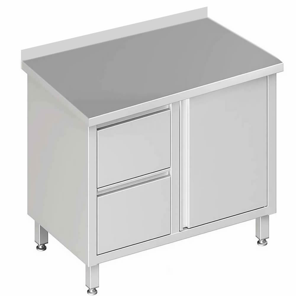 Arbeitsschrank mit 1 Flügeltür, 80x60x85cm, 2 Schubladen links, mit Aufkantung Arbeitsschrank mit 1 Flügeltür, 80x60x85cm, 2 Schubladen links, mit Aufkantung