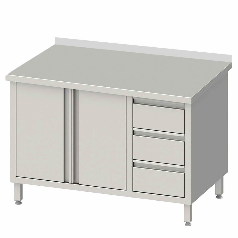 Arbeitsschrank mit 2 Flügeltüren 200x70x85cm, 3 Schubladen rechts, mit Aufkantung Arbeitsschrank mit 2 Flügeltüren 200x70x85cm, 3 Schubladen rechts, mit Aufkantung