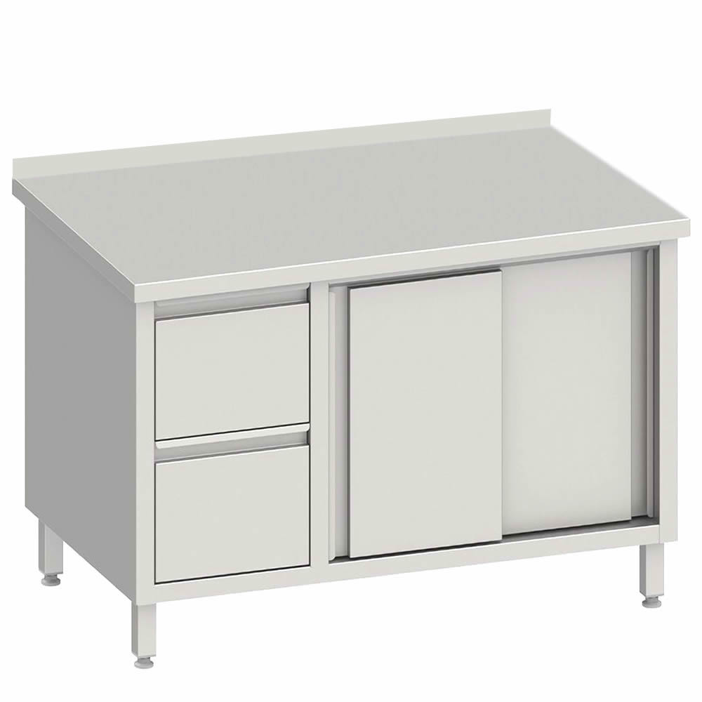 Arbeitsschrank mit 2 Schiebetüren 200x70x85cm, 2 Schubladen links, mit Aufkantung