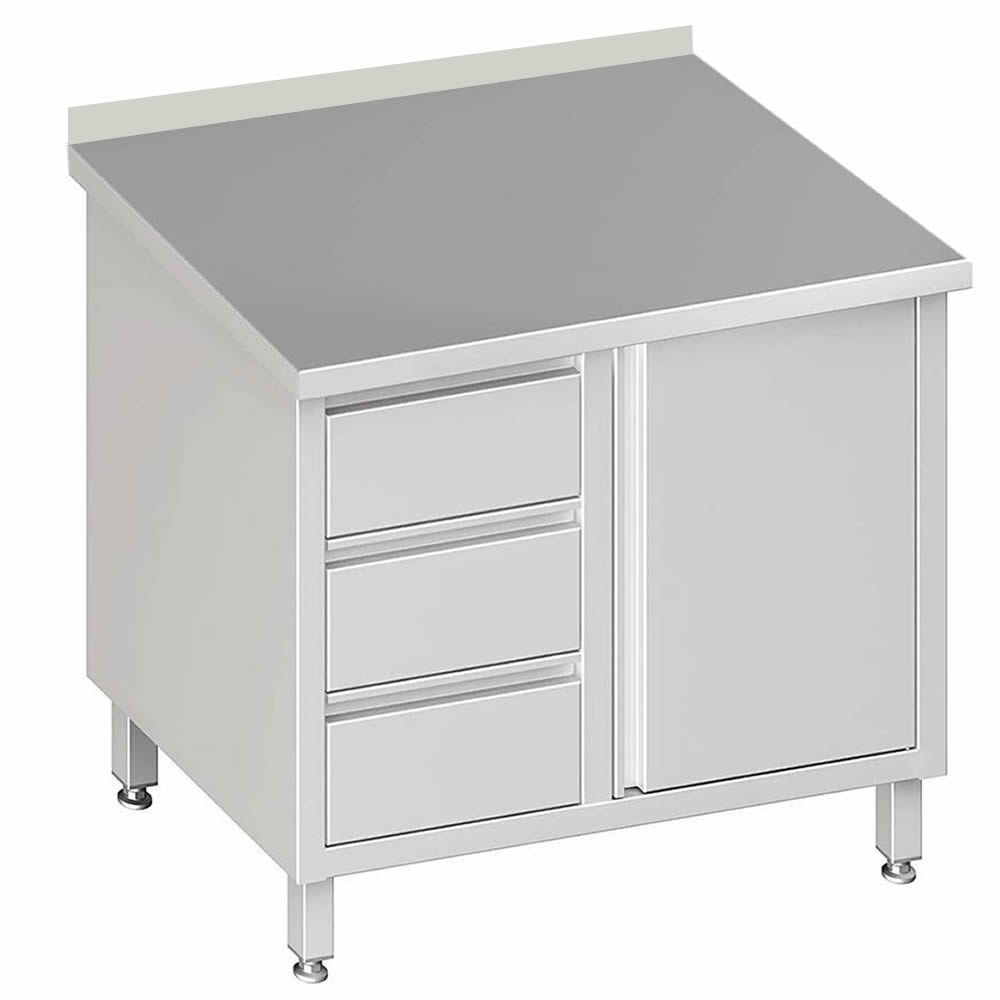 Arbeitsschrank mit 1 Flügeltür 100x70x85cm, 3 Schubladen links, mit Aufkantung Arbeitsschrank mit 1 Flügeltür 100x70x85cm, 3 Schubladen links, mit Aufkantung