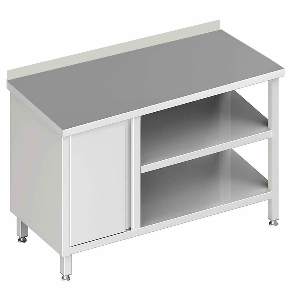 Arbeitstisch mit 2 Böden, 280x60x85cm, mit Flügeltürschrank links, mit Aufkantung