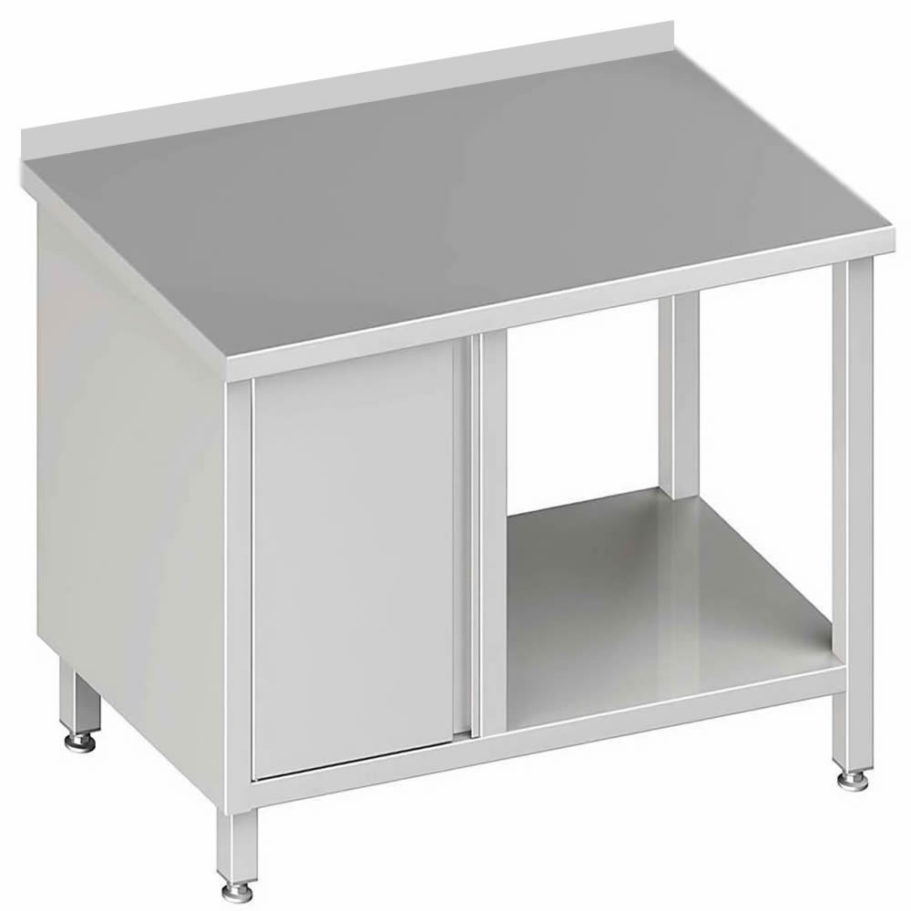 Arbeitstisch mit Boden, 280x70x85cm, mit Flügeltürschrank links, mit Aufkantung Arbeitstisch mit Boden, 280x70x85cm, mit Flügeltürschrank links, mit Aufkantung