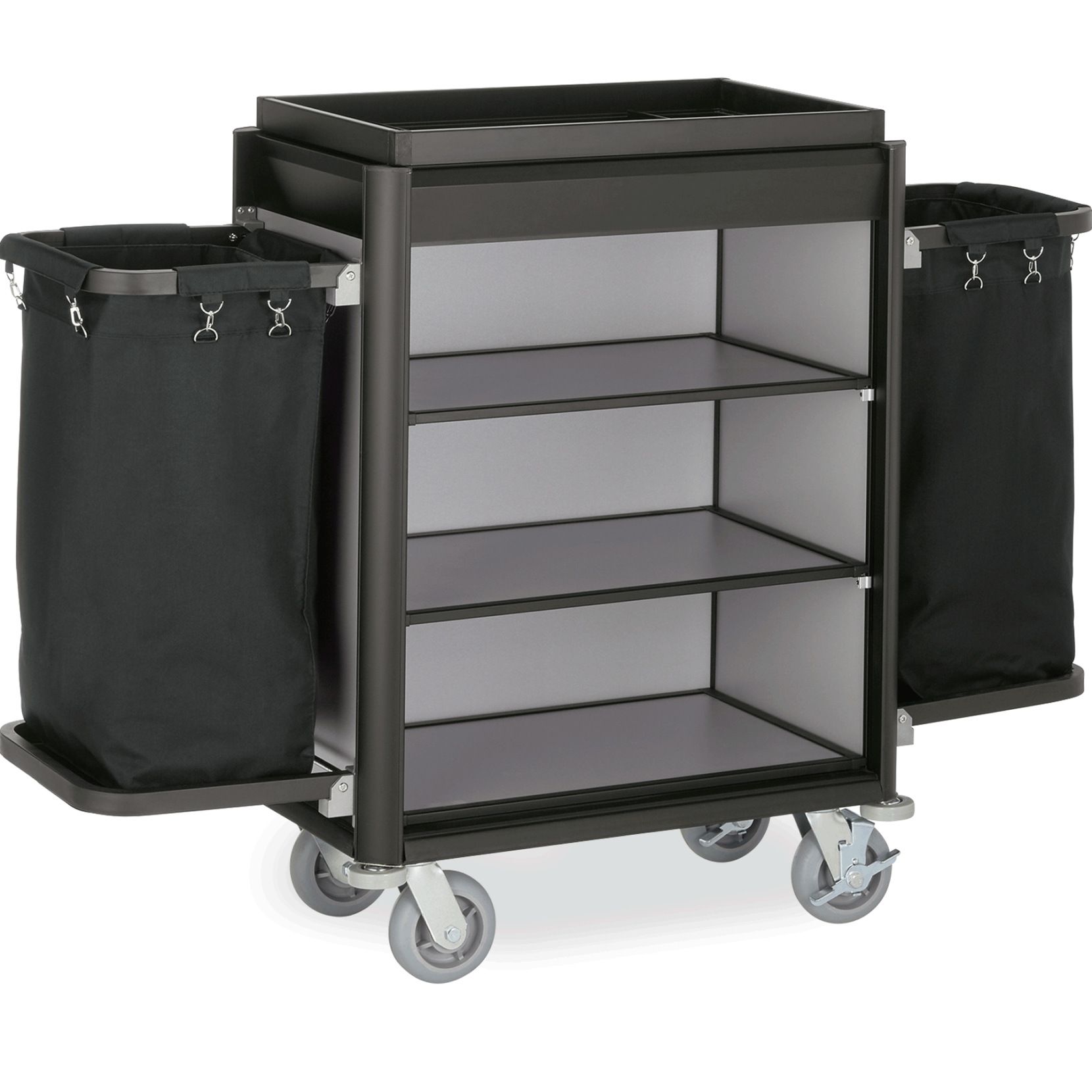 Zimmerservicewagen Isabella, 2 Wäschesäcke, Aluoptik, schwarze Kantenprofile Zimmerservicewagen Isabella, 2 Wäschesäcke, Aluoptik, schwarze Kantenprofile