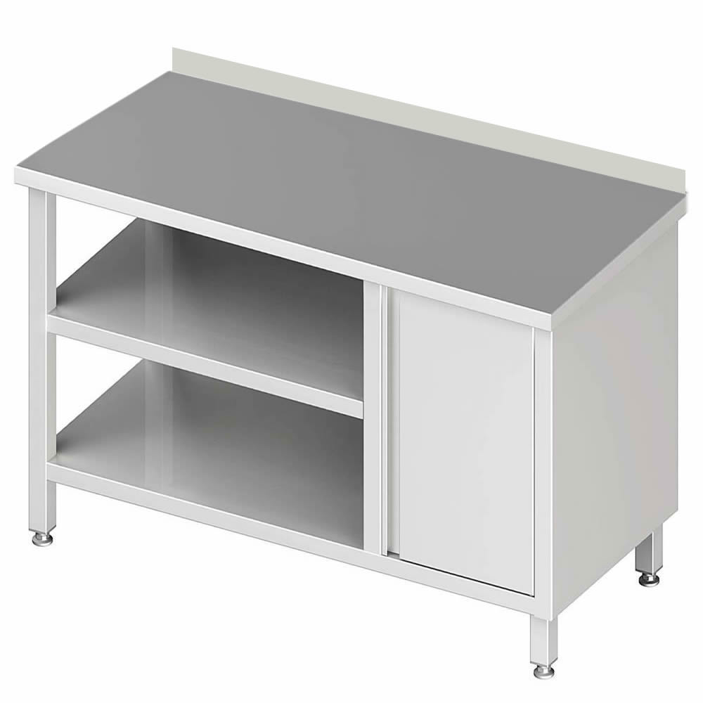 Arbeitstisch mit 2 Böden, 280x60x85cmm, mit Flügeltürschrank rechts, mit Aufkantung