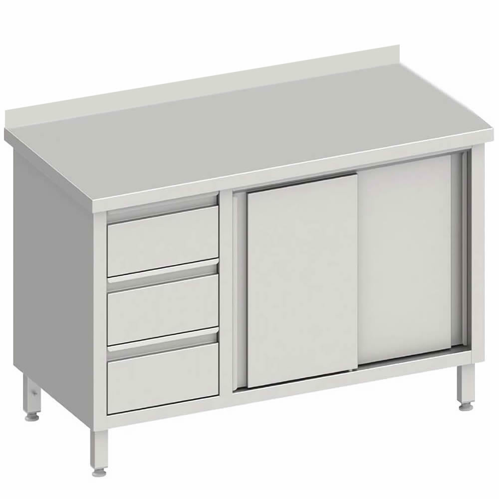 Arbeitsschrank mit 2 Schiebetüren, 200x60x85 mm, 3 Schubladen links, mit Aufkantung