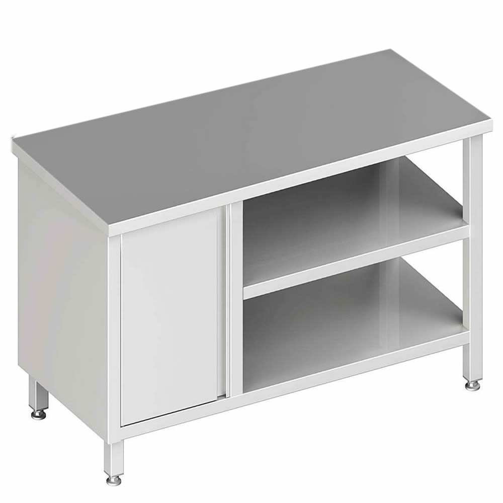 Arbeitstisch mit 2 Böden, 280x60x85cm, mit Flügeltürschrank links