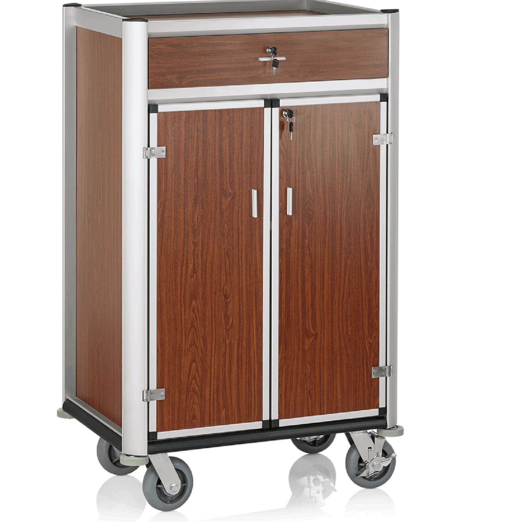 Minibarversorgungswagen, 82x60x125cm, helle Kantenprofile & dunkle Holzoptik Minibarversorgungswagen, 82x60x125cm, helle Kantenprofile & dunkle Holzoptik