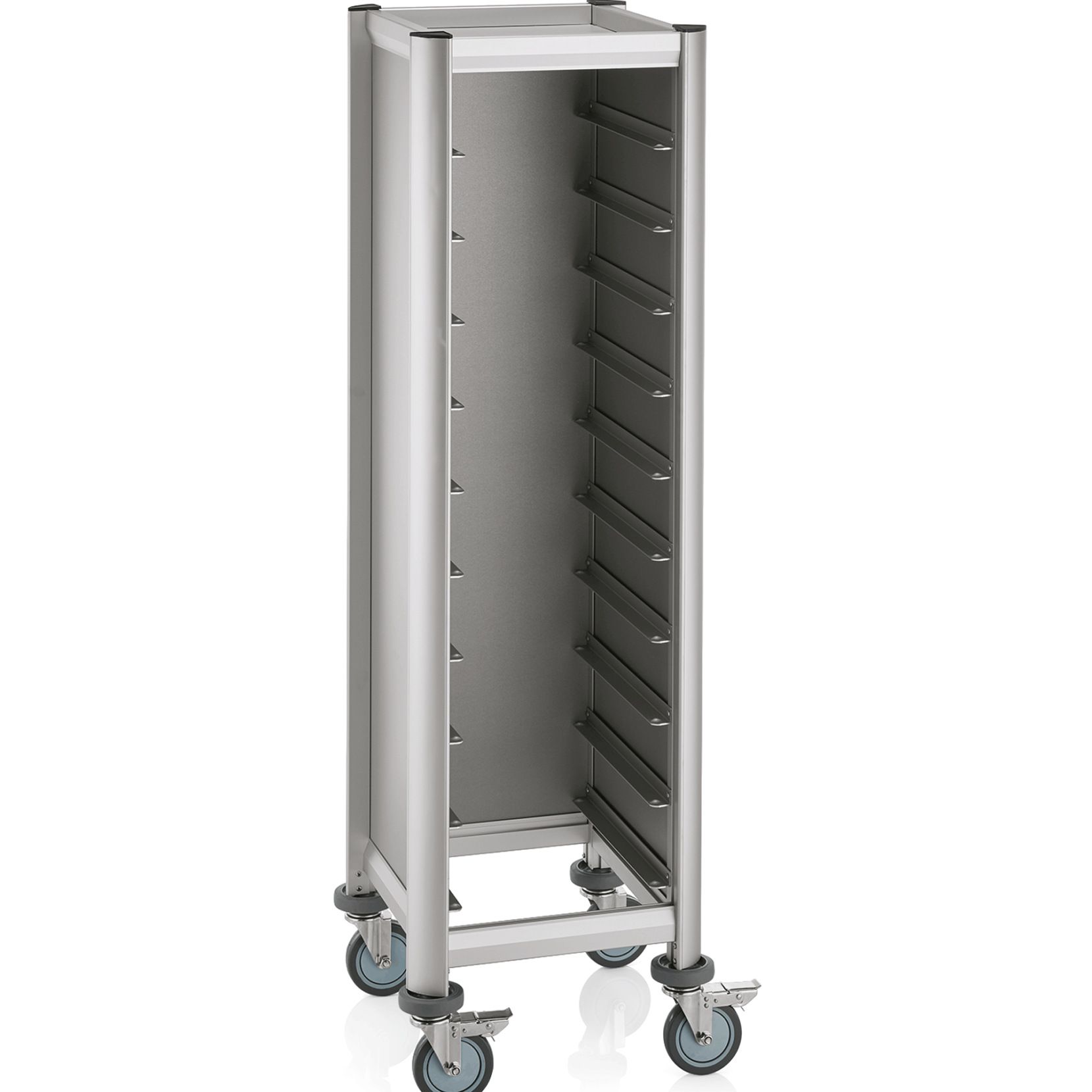 Tablettwagen für 10 Tabletts 45x35cm, silberfarben, Alu-Profile/MDF Tablettwagen für 10 Tabletts 45x35cm, silberfarben, Alu-Profile/MDF