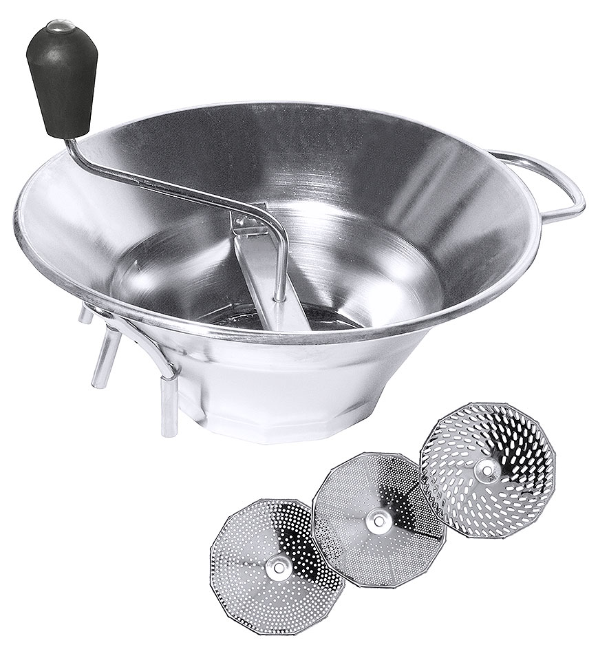 Passiergerät Edelstahl Ø 30 cm mit Siebeinsätzen Passiergerät Edelstahl Ø 30 cm mit Siebeinsätzen