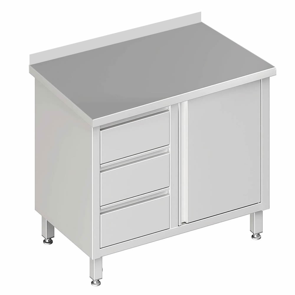 Arbeitsschrank mit 1 Flügeltür 80x60x85cm, 3 Schubladenlinks, mit Aufkantung Arbeitsschrank mit 1 Flügeltür 80x60x85cm, 3 Schubladenlinks, mit Aufkantung