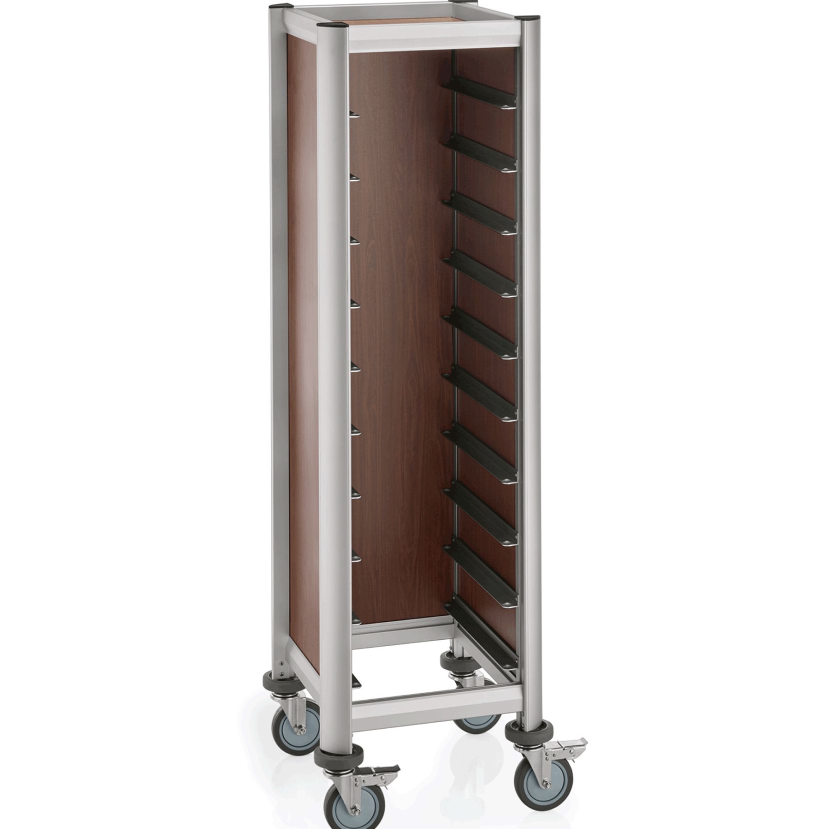 Tablettwagen für 10 Tabletts 45x35cm, dunkle Holzoptik, Alu-Profile/MDF Tablettwagen für 10 Tabletts 45x35cm, dunkle Holzoptik, Alu-Profile/MDF