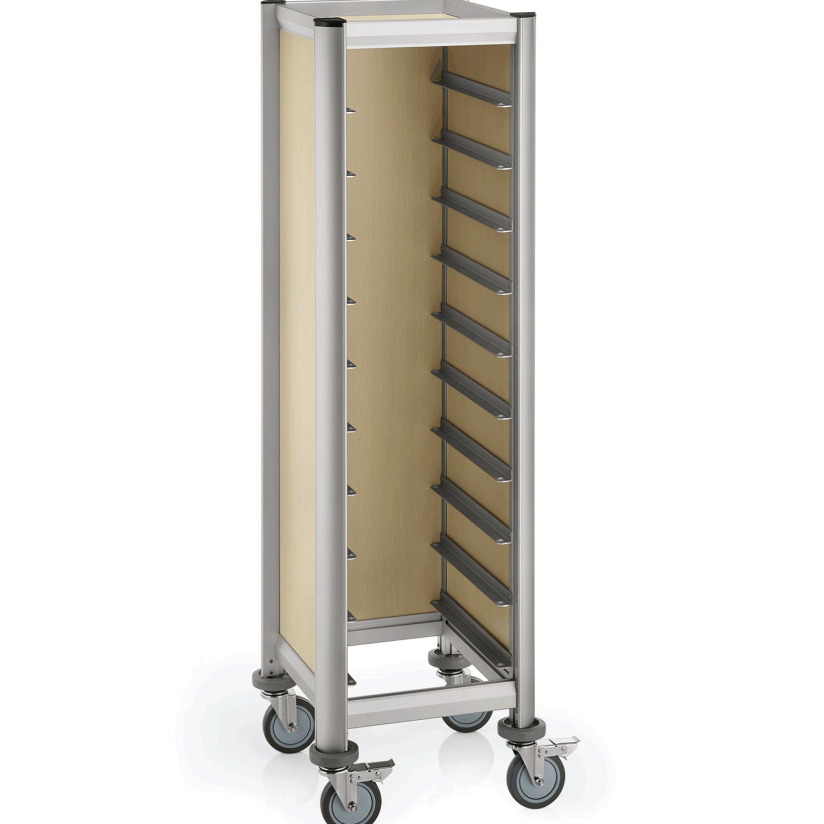 Tablettwagen für 10 Tabletts 45x35cm, helle Holzoptik, Alu-Profile/MDF Tablettwagen für 10 Tabletts 45x35cm, helle Holzoptik, Alu-Profile/MDF