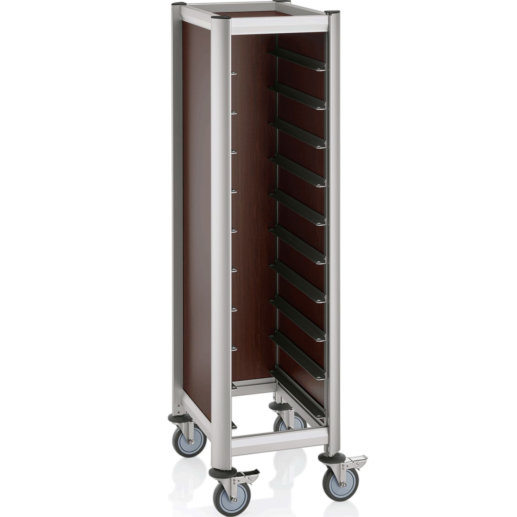 Tablettwagen für 10 Tabletts GN 1/1, dunkle Holzoptik, Alu-Profile/MDF Tablettwagen für 10 Tabletts GN 1/1, dunkle Holzoptik, Alu-Profile/MDF