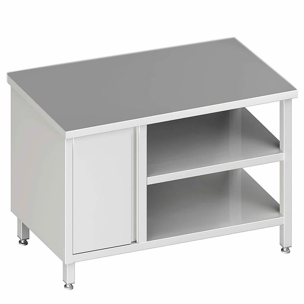 Arbeitstisch mit 2 Böden, 280x70x85cm, mit Flügeltürschrank links Arbeitstisch mit 2 Böden, 280x70x85cm, mit Flügeltürschrank links