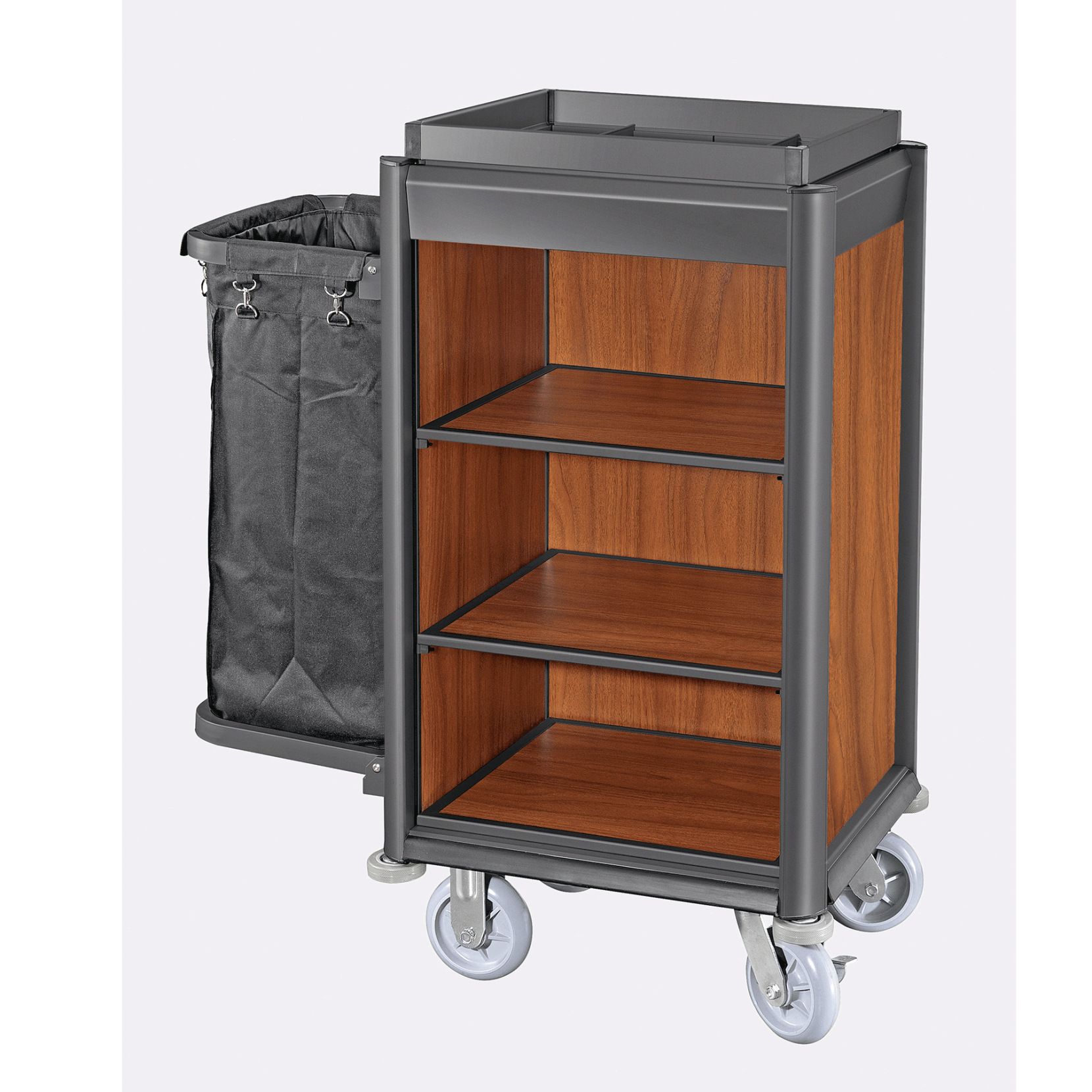 Zimmerservicewagen Isabella, 1 Wäschesack - dunkle Holzoptik, schwarze Profile Zimmerservicewagen Isabella, 1 Wäschesack - dunkle Holzoptik, schwarze Profile