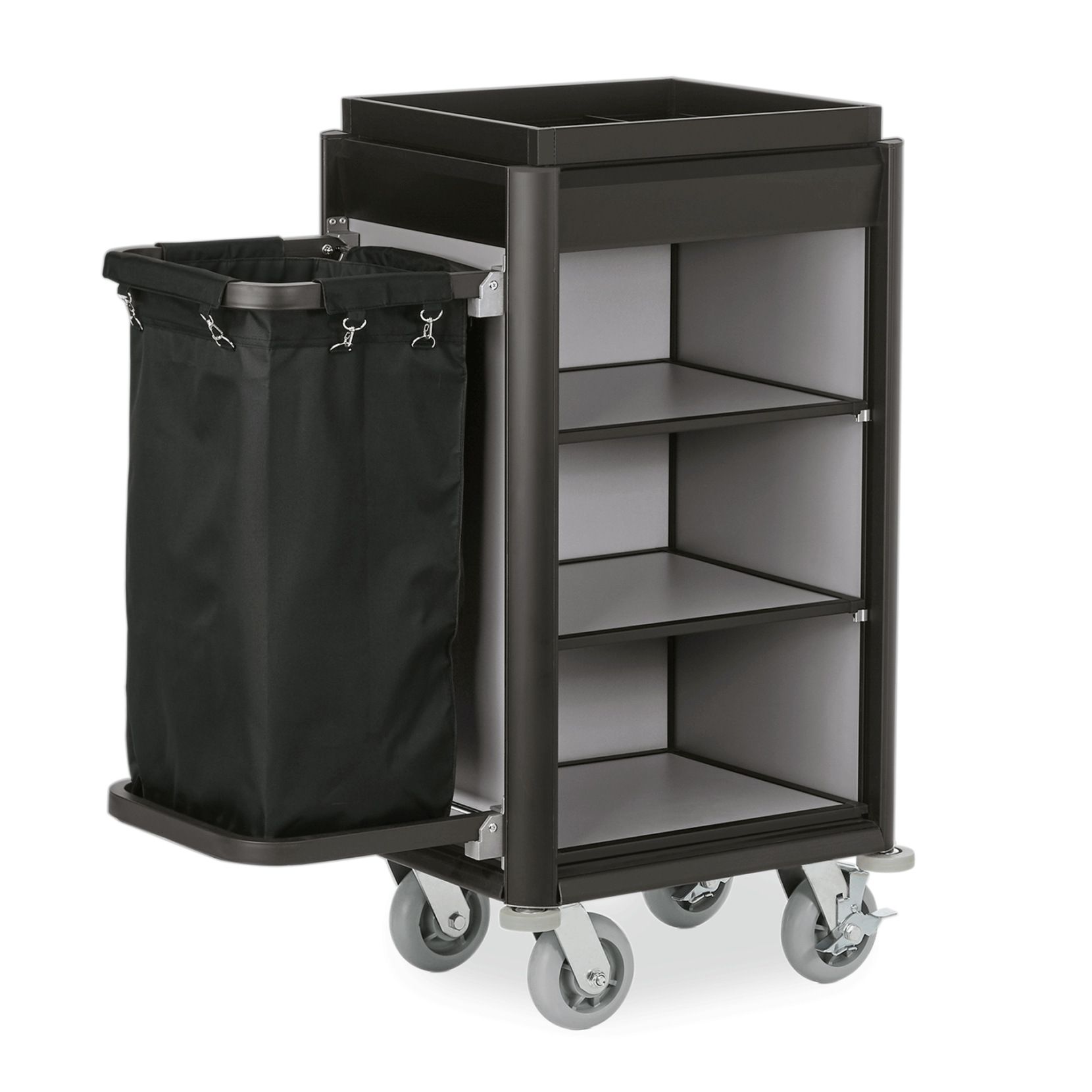 Zimmerservicewagen Isabella, 1 Wäschesack, Aluoptik, schwarze Kantenprofile Zimmerservicewagen Isabella, 1 Wäschesack, Aluoptik, schwarze Kantenprofile
