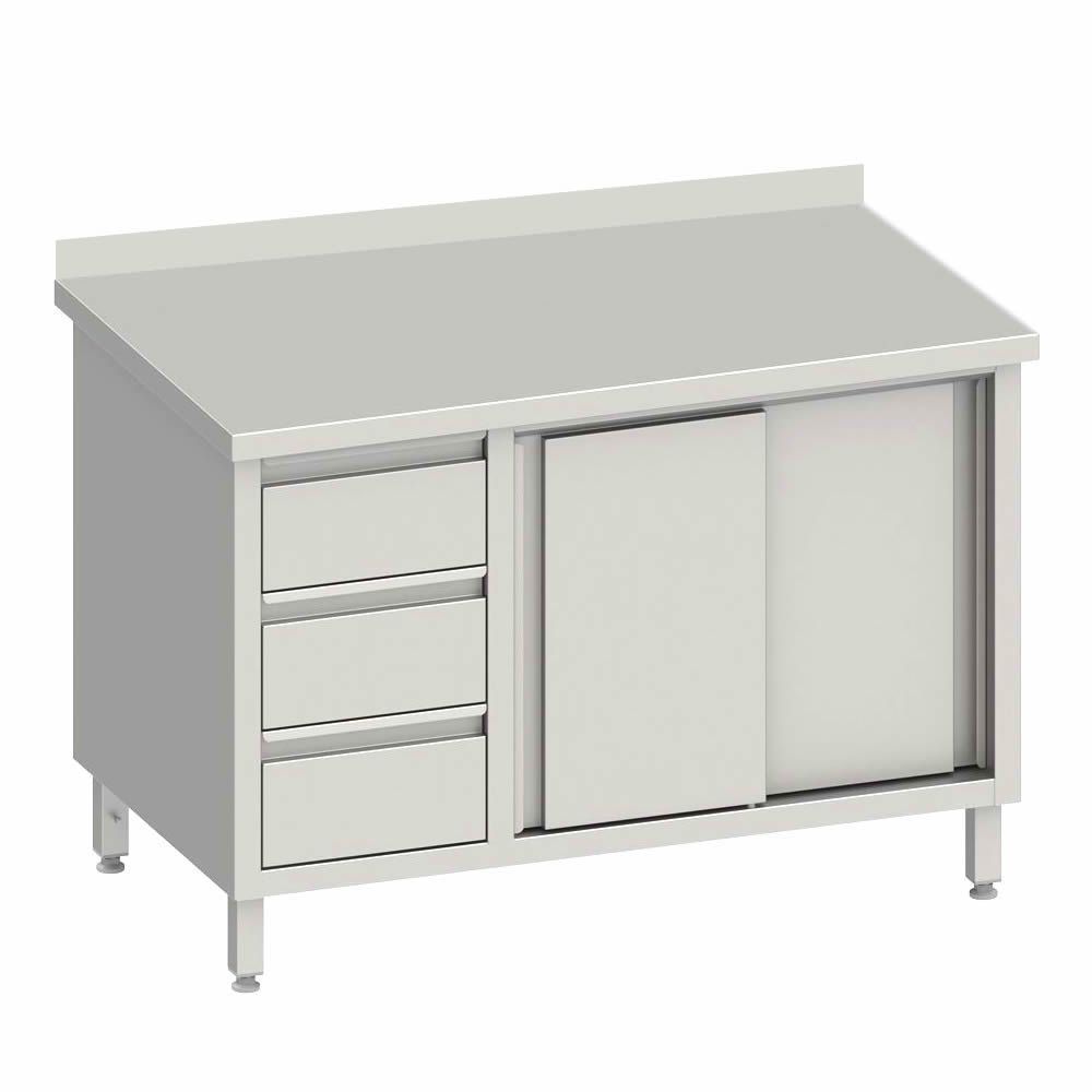 Arbeitsschrank mit 2 Schiebetüren, 200x70x85cm, 3 Schubladen links, mit Aufkantung Arbeitsschrank mit 2 Schiebetüren, 200x70x85cm, 3 Schubladen links, mit Aufkantung