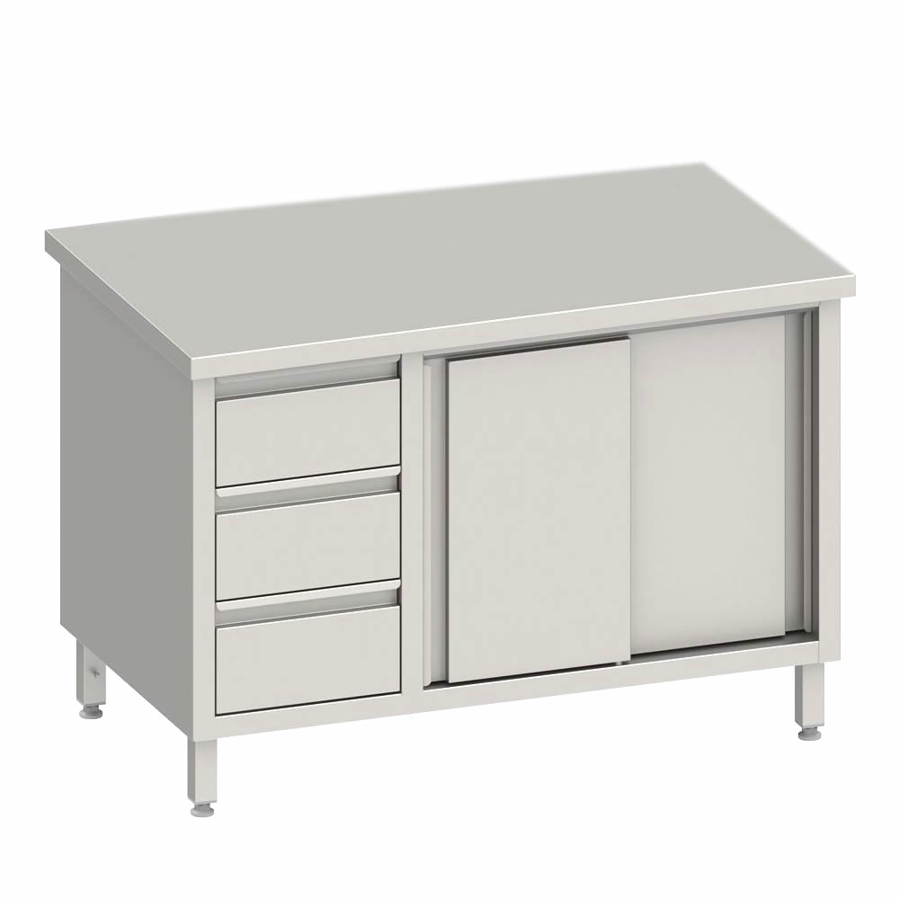 Arbeitsschrank mit 2 Schiebetüren, 200x70x85cm, 3 Schubladen links Arbeitsschrank mit 2 Schiebetüren, 200x70x85cm, 3 Schubladen links