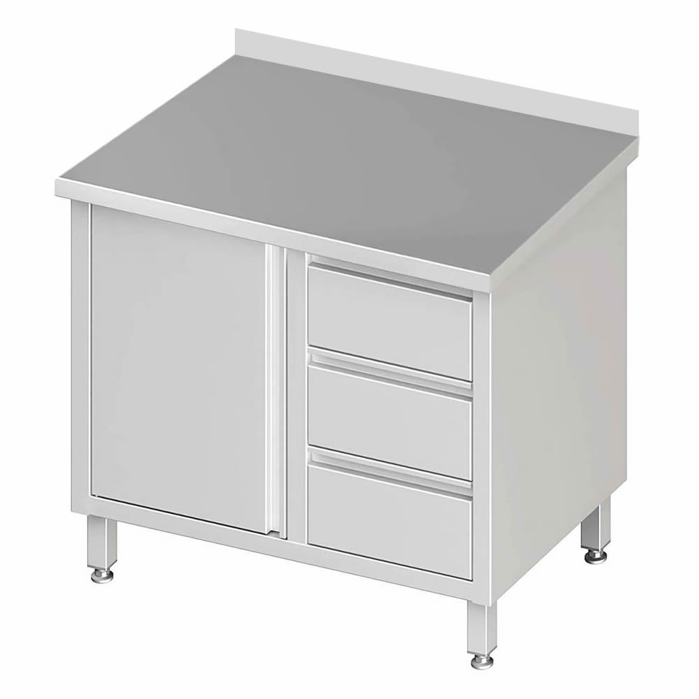 Arbeitsschrank mit 1 Flügeltür 100x70x85cm, 3 Schubladen rechts, mit Aufkantung Arbeitsschrank mit 1 Flügeltür 100x70x85cm, 3 Schubladen rechts, mit Aufkantung