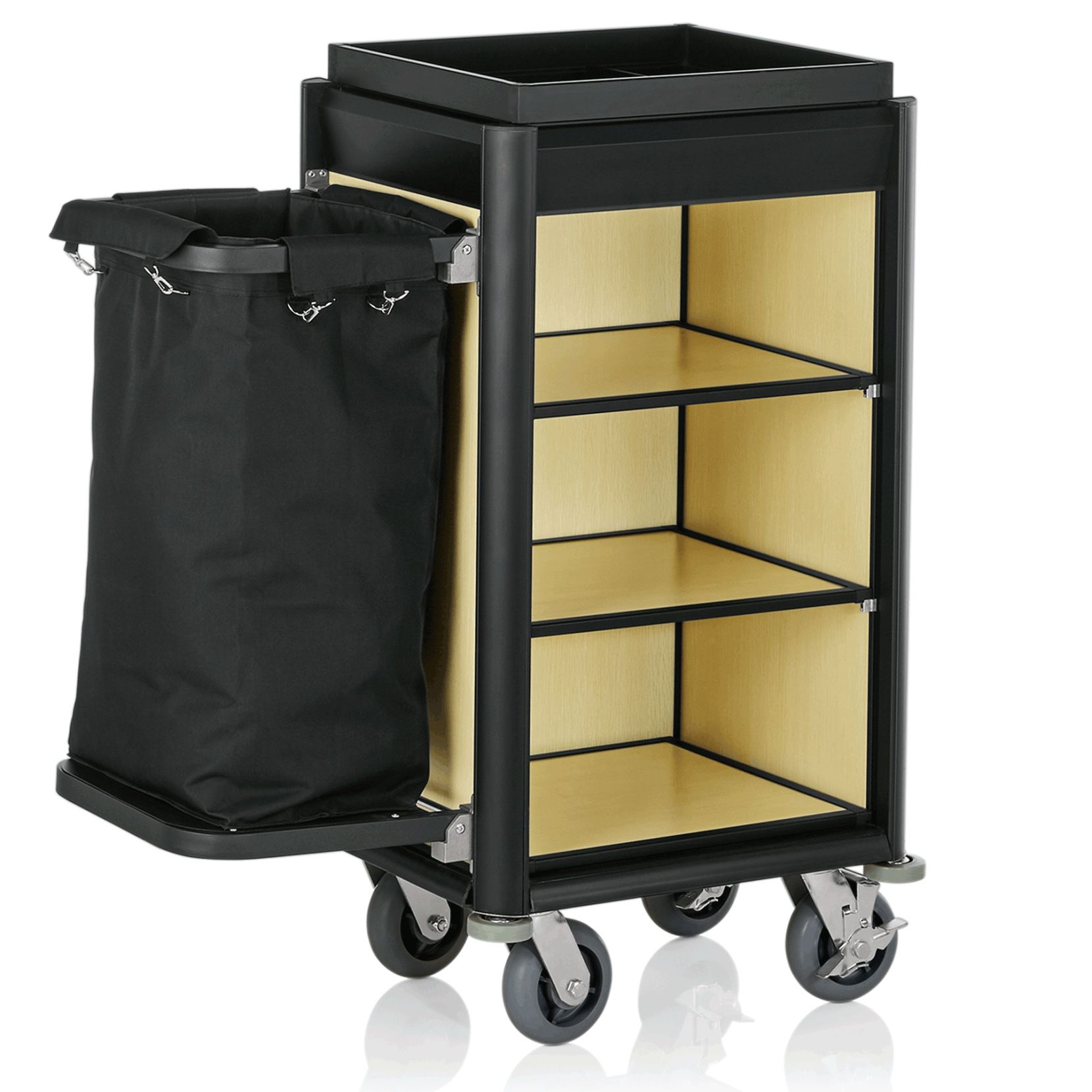 Zimmerservicewagen Isabella, 1 Wäschesack, helle Holzoptik, schwarze Profile Zimmerservicewagen Isabella, 1 Wäschesack, helle Holzoptik, schwarze Profile
