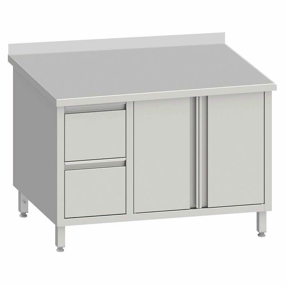 Arbeitsschrank mit 2 Flügeltüren 190x70x85cmm, 2 Schubladen links, mit Aufkantung Arbeitsschrank mit 2 Flügeltüren 190x70x85cmm, 2 Schubladen links, mit Aufkantung