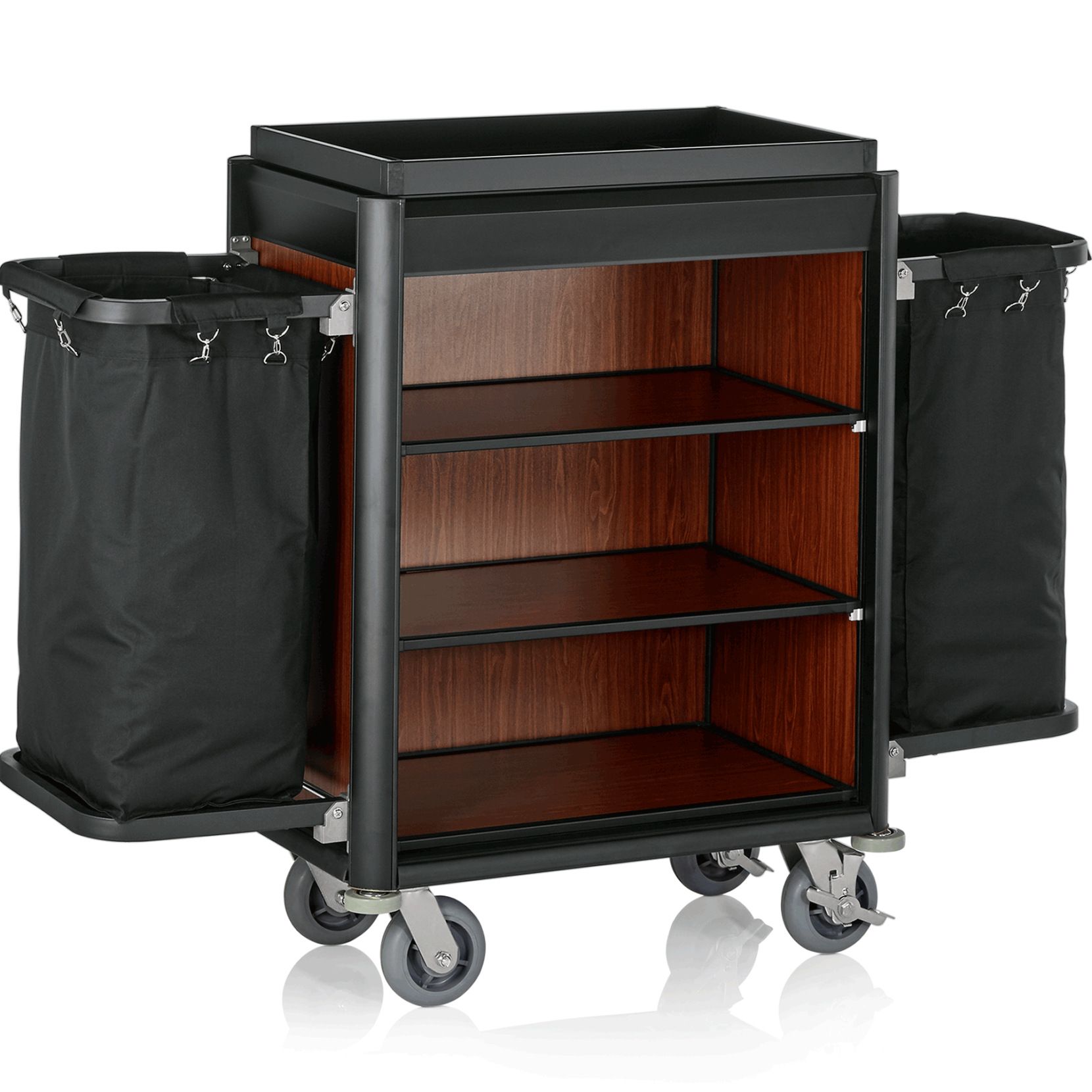 Zimmerservicewagen Isabella, 2 Wäschesäcke - dunkle Holzoptik, schwarze Profile Zimmerservicewagen Isabella, 2 Wäschesäcke - dunkle Holzoptik, schwarze Profile