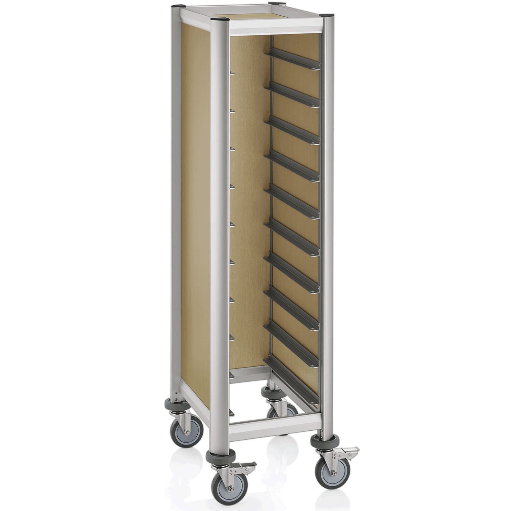 Tablettwagen für 10 Tabletts GN 1/1, helle Holzoptik, Alu-Profile/MDF Tablettwagen für 10 Tabletts GN 1/1, helle Holzoptik, Alu-Profile/MDF