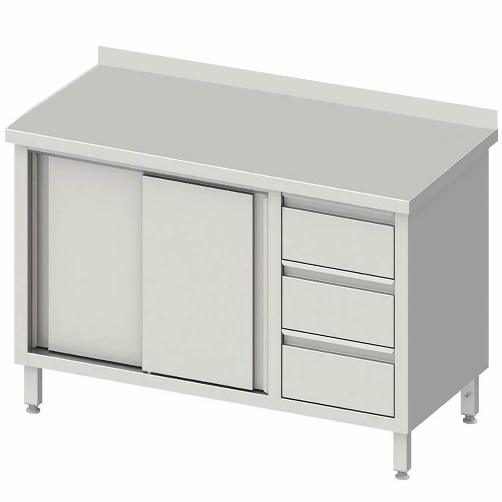 Arbeitsschrank, Schiebetüren, 200x60x85cm, 3 Schubladen rechts, mit Aufkantung Arbeitsschrank, Schiebetüren, 200x60x85cm, 3 Schubladen rechts, mit Aufkantung