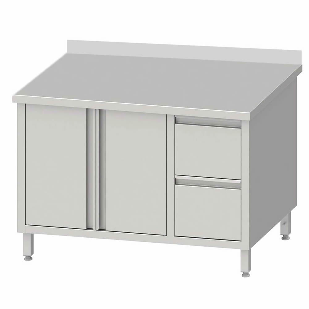 Arbeitsschrank mit 2 Flügeltüren 190x70x85cm, 2 Schubladen rechts, mit Aufkantung Arbeitsschrank mit 2 Flügeltüren 190x70x85cm, 2 Schubladen rechts, mit Aufkantung